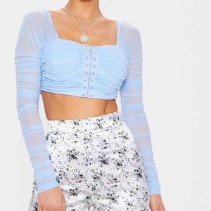 🍒 Prettylittlething Light blue ruched lace up detail mesh crop top 🍒